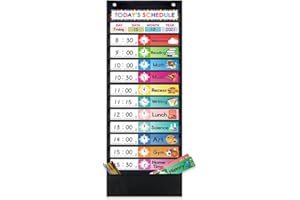 AMZOYA Daily Schedule Pocket Chart. Kids Schedule Pocket Chart with 15 Dry-Eraser Cards. 13+1 Pockets. Schedule Pocket Chart for Classroom & Home (black)