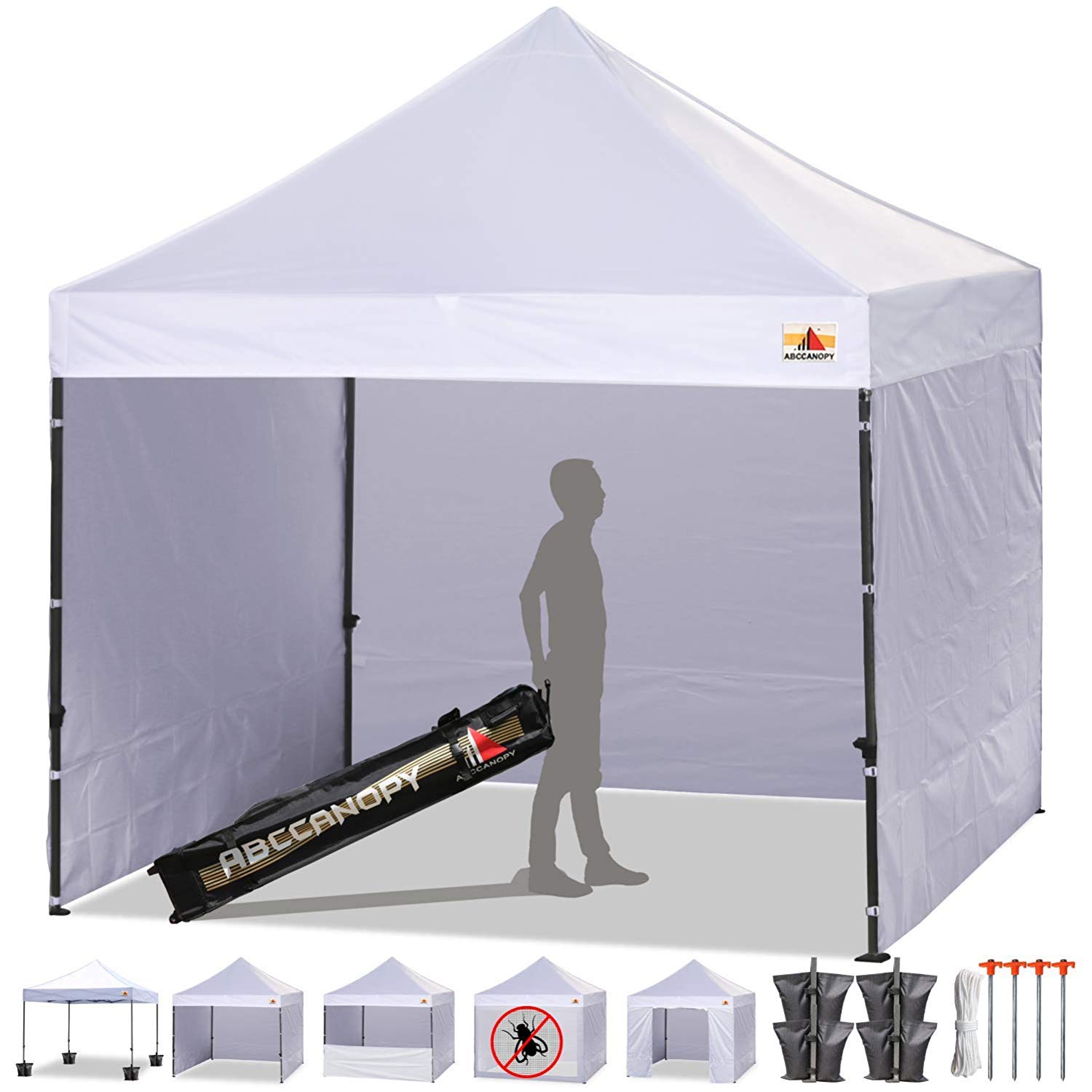 ABCCANOPY Canopy Tent 10 x 10 Pop Up Canopies Commercial Tents Market stall with 4 Removable Sidewalls and Roller Bag Bonus 4 Weight Bags and 10ft Screen Netting and 10ft Half Wall(30+Muti Colors)