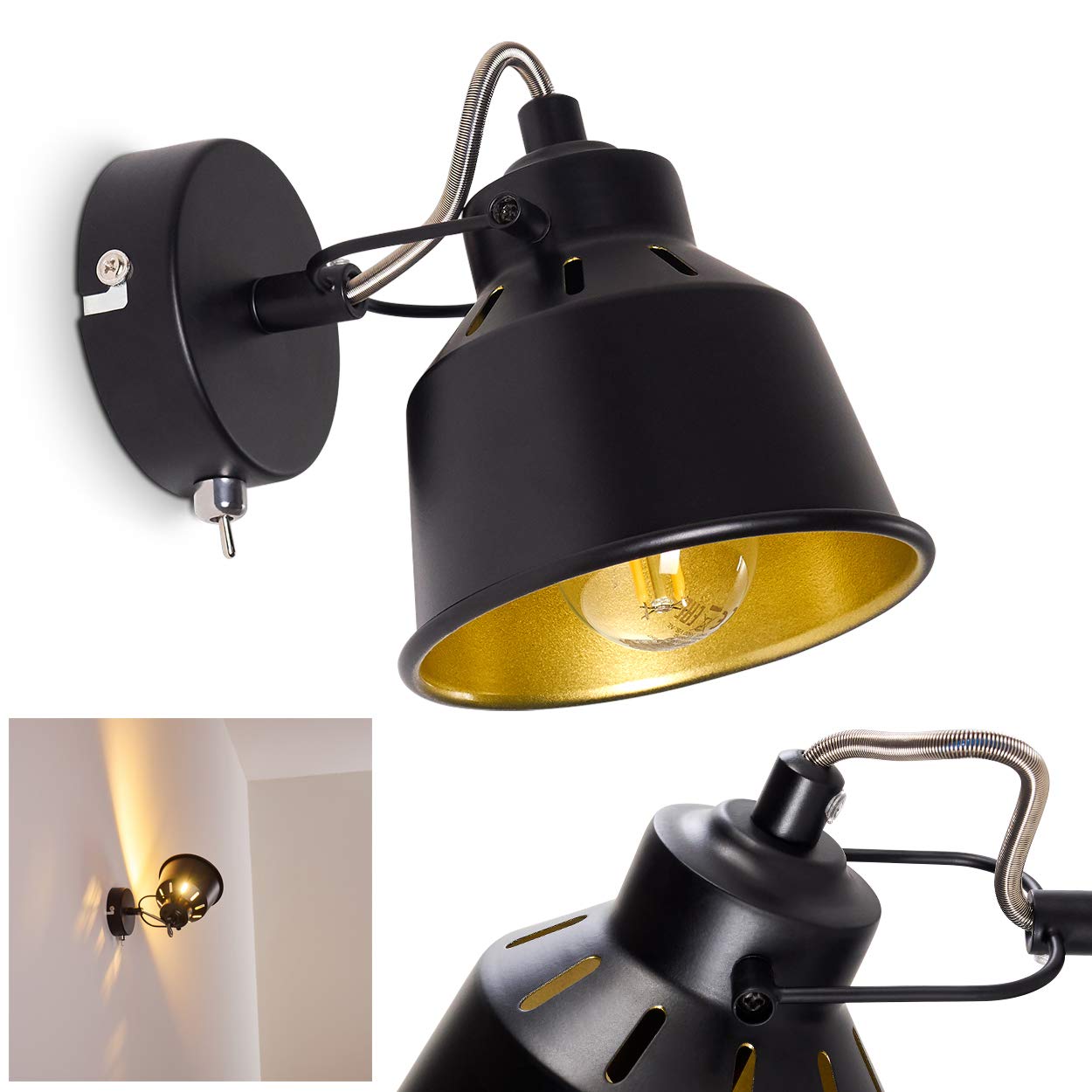 hofstein Wall Light Safari, Adjustable Wall lamp Made of Metal in Black/Gold, 1-Flame, 1 x E14-socket, Wall spot in Retro/Vintage Design, Without Bulbs