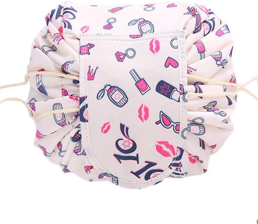 Lazy Drawstring Make up Bag Travel Quick Makeup Bag Round Toiletry Bag Cosmetic Organizer Pouch Case Portable Make Up Pouch for Women Girls