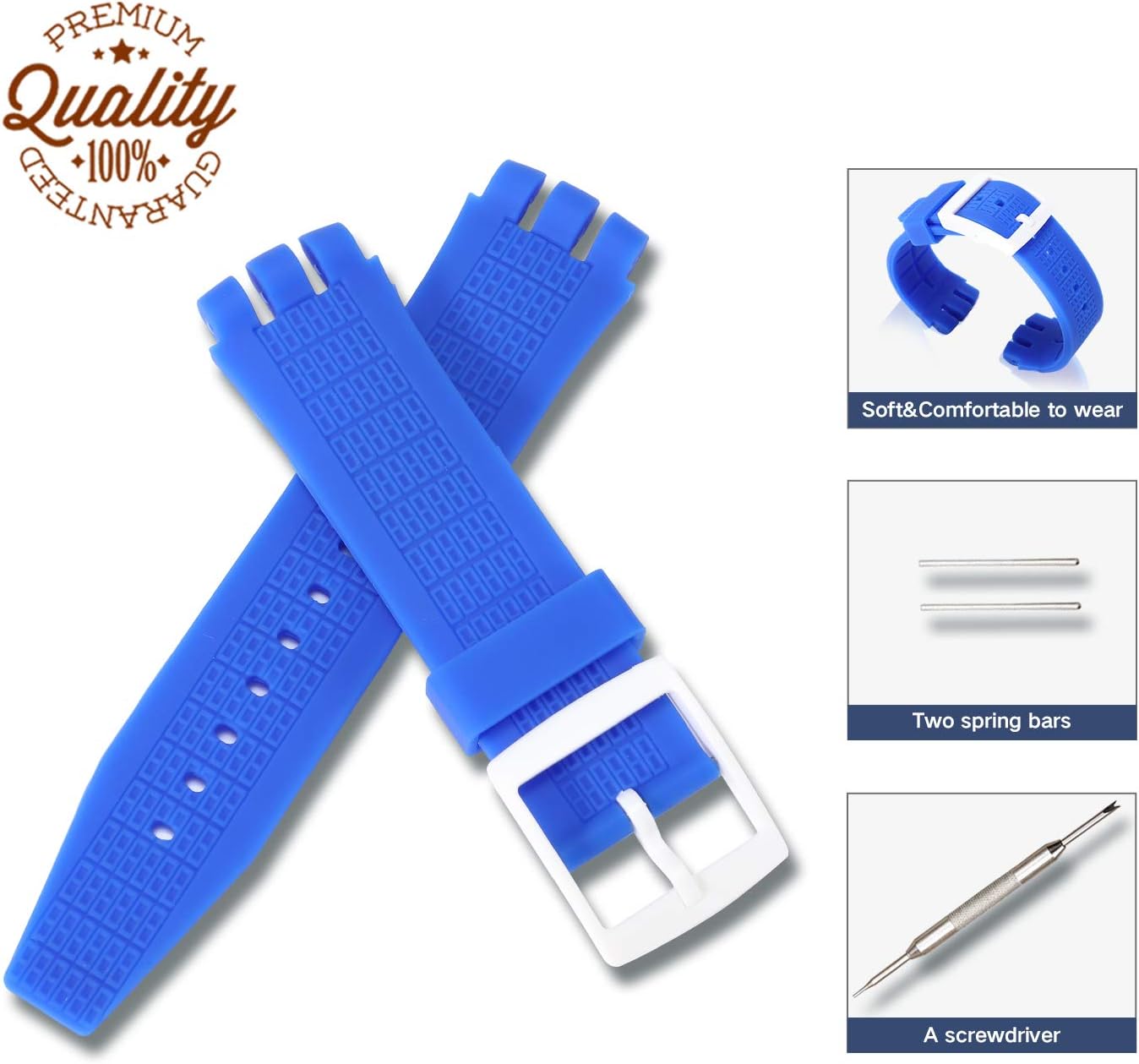 Silicone Rubber Watch Straps Bands Waterproof,Compatible Lug Strap,Non-Slip Surface,Ultra-Thin, Accessories with a Screwdriver Two Spring Bars (Blue, 22mm)