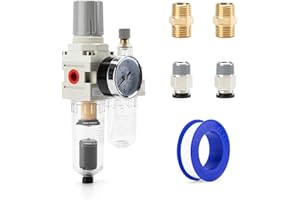 EBEIZZI 1/4" NPT Compressed Air Filter| Regulator Lubricator Combo |Water/Oil Trap Separator |Gauge(0-150 psi) | Poly Bowl | Auto Drain | Bracket - 3 in 1 Two Unit