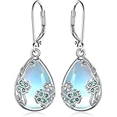 SCZKLAQ 925 Sterling Silver Four Leaf Clover Earrings with Moonstone - Irish Lucky Gifts for Women, Ideal for St. Patrick's Day