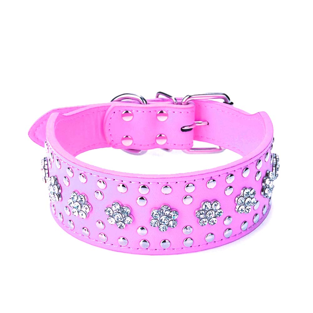 haoyueer Rhinestones Dog Collars Flower Pattern Rhinestone Studded Leather Sparkly Crystal Diamonds Dazzling Sparkling Elegant Fancy PU Leather Dog Collar for Medium & Large Dogs (L, Hot Pink) — image 1