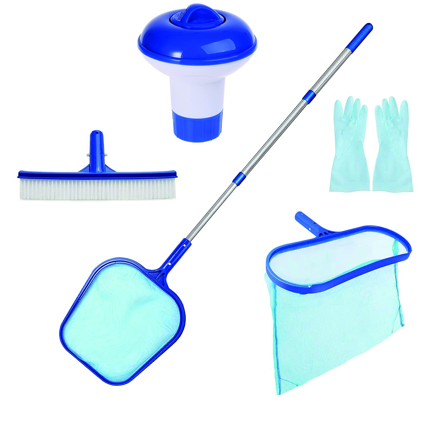 ANLEM Swimming Pool Leaf Skimmer Net Set, Professional Pool Leaf Rake Fine Mesh Frame Net with Telescopic Pole, Floating Dispenser, Pool brush, Gloves for or Garden Pond, Hot Tub and Spa