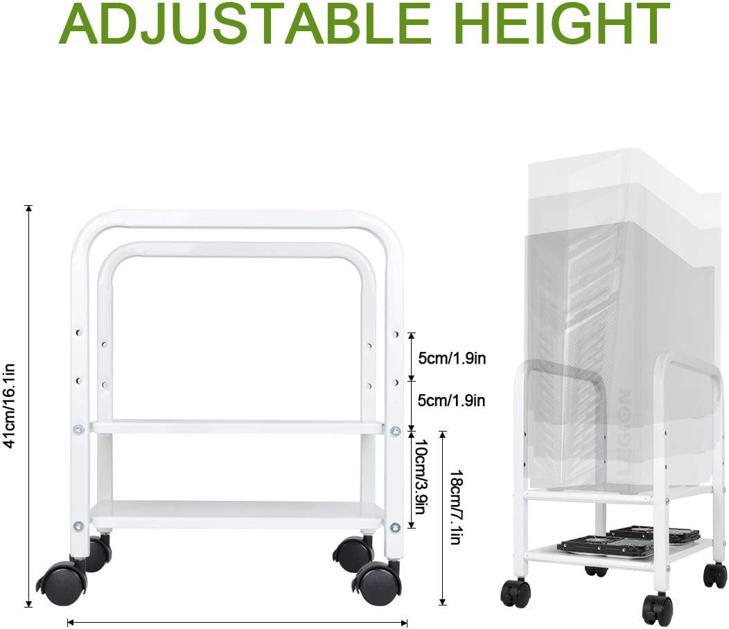 Computer Tower Stand, Desktop ATX-Case CPU Holder, 2-Tier Adjustable Steel Rolling Stand for ATX-Case Under 8.6" Wide, Mobile Tower Case Stand Cart with Locking Caster Wheels for Office Home, White: Office Products