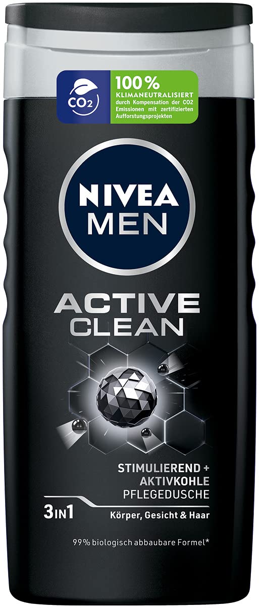 Nivea Men Active Clean Shower Gel (250 ml), Effective Shower Gel with Natural Activated Charcoal, Refreshing Shower for the Body, Face and Hair