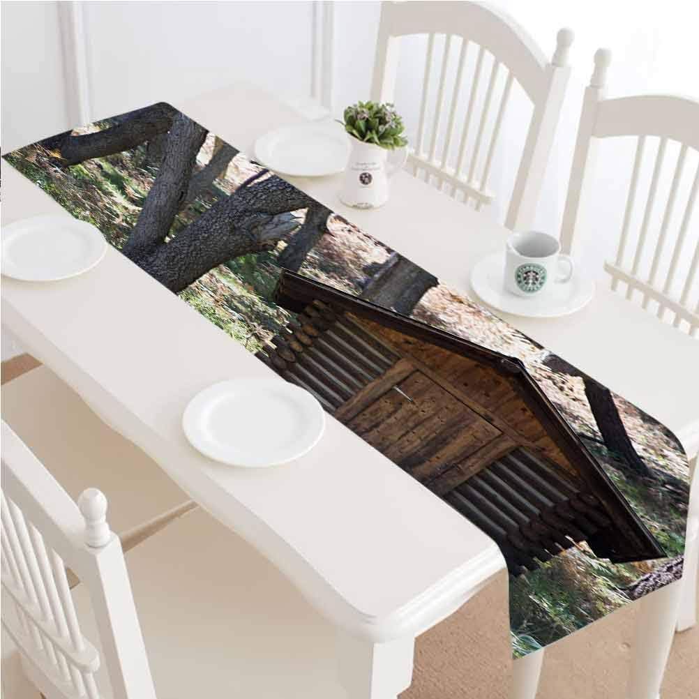 Amazon Com Outhouse Dining Table Runner Wooden Primitive Life Barn Shed In Spring Forest Leaves Lumberjack Photo Kitchen Rectangular Runner 14x60 Inch For Party Event Decorations Dark Brown And Green Home Kitchen