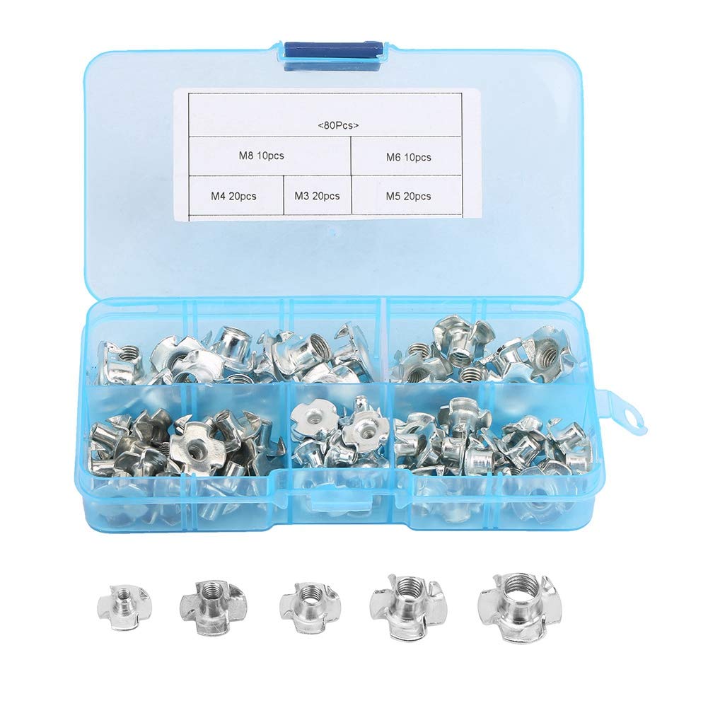 80pcs Carbon Steel T Nuts, Four-Claw Inlaid M3/M4/M5/M6/M8 Threaded Nuts for Wood, Four-Pronged Tee Nuts for Furniture & Climbing Holds, Durable Wood Fasteners
