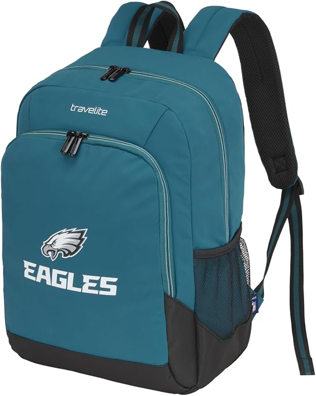NFL Mochila College Philadelphia Eagles, mochila escolar de nailon resistente con compartimento para portátil de 15,6 pulgadas, sistema de fijación al trolley y espalda acolchada
