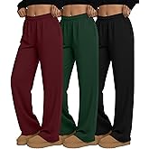 Velvelhall 3 Pack Women's Wide Leg Sweatpants Interior Drawstring Baggy Sweatpant High Waisted Casual Jogger Pant with Pocket
