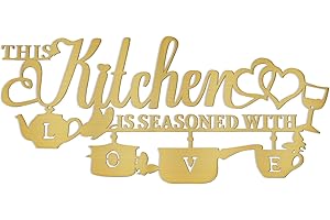 KHayRovies Kitchen Metal Sign Wall Decor, Golden Wall Hanging Word Name Art Decoration Kitchen Signs and Plaques, This Kitchen is Seasoned with Love Rustic Iron Letters Farmhouse Dining Room Home