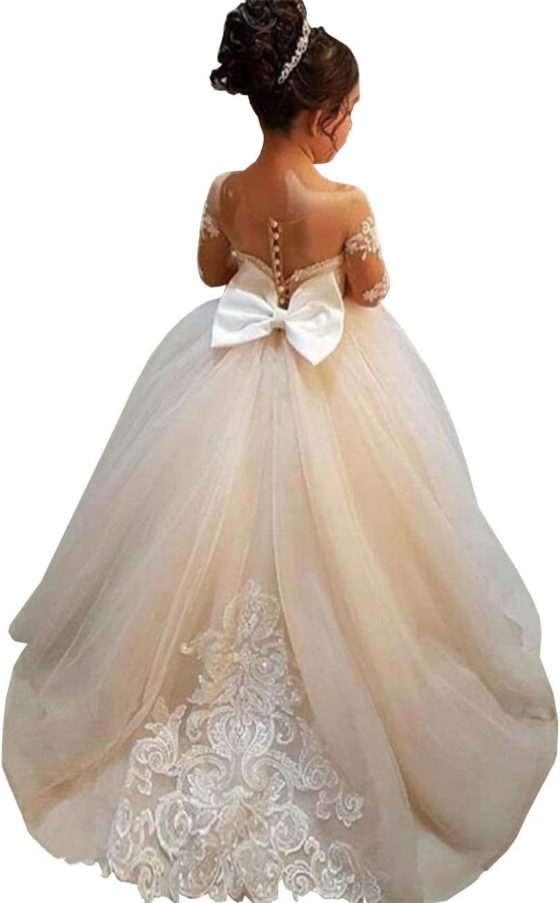 GZY White Ivory Lace Long Sleeve Flower Girl Dresses Princess Gown Pageant Dress GZY202