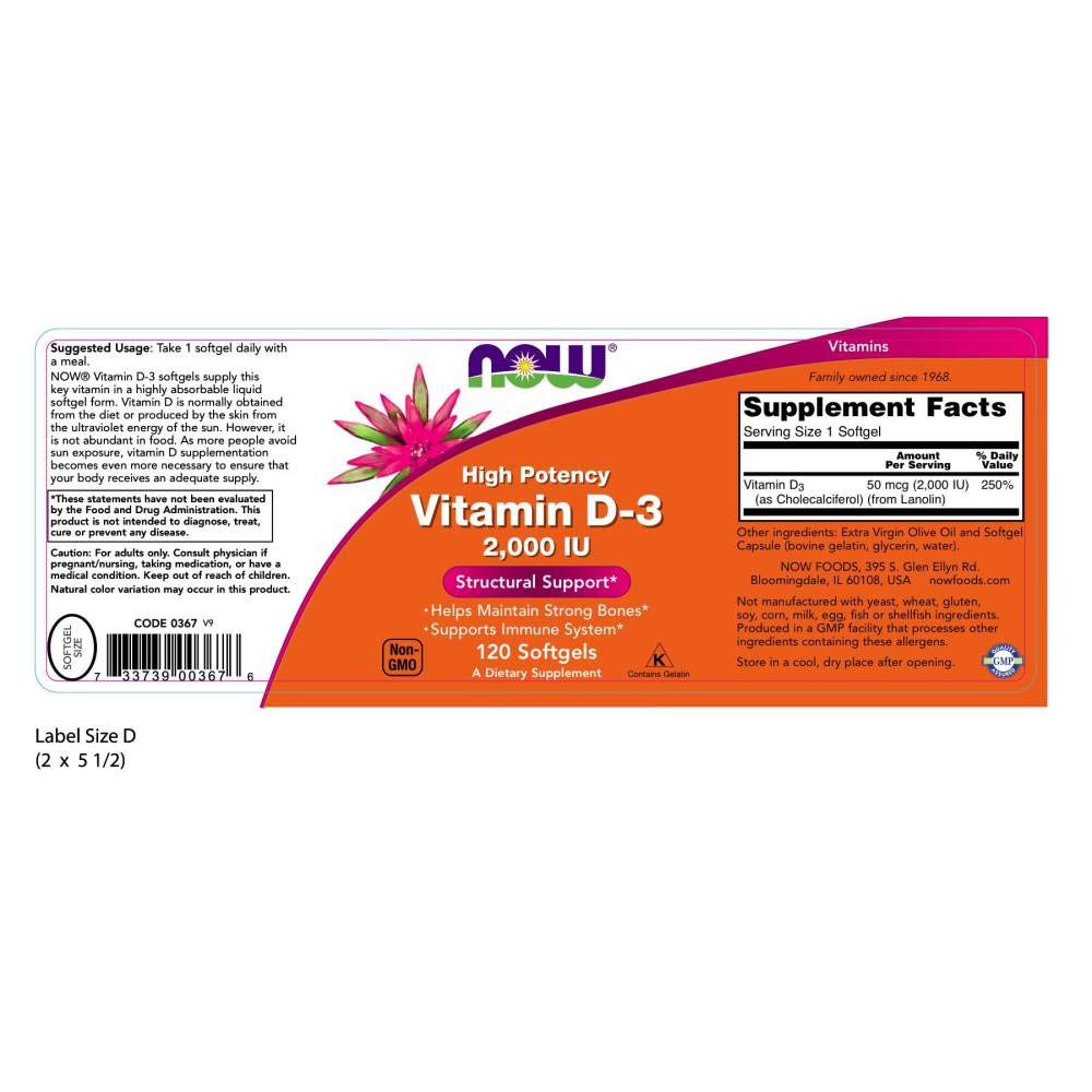 NOW Supplements, Vitamin D-3 2,000 IU, High Potency, Structural Support*, 120 Softgels: Health & Personal Care