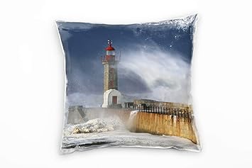Paul Sinus Art Meer, Leuchtturm, Große Wellen, Blau, Braun, Weiß Deko Kissen 40x40cm für Couch Sofa Lounge Zierkissen - Dekoration Zum Wohlfühlen Hergestellt in Deutschland