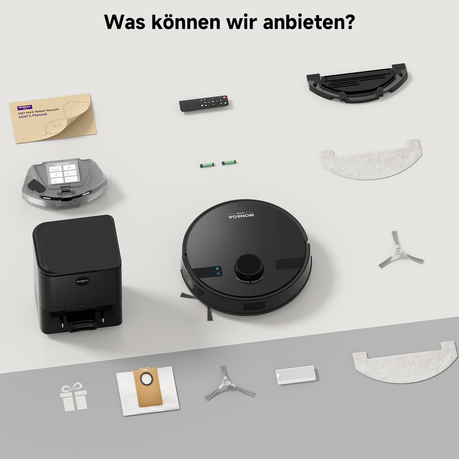 MONSGA Saugroboter mit Wischfunktion, 3.5L Staubsauger Roboter mit Absaugstation, 5000Pa Saugkraft, 180Min Laufzeit, LiDAR Navigation, Starke Saugkraft ideal für Teppich und Tierhaare, APP Steuerung 9