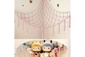 Stuffed Animal Storage Hammock, Triangle Plush Toy Net Corner Organizer with Tassels, Hand Woven Cotton Rope Hanging Mesh Poc