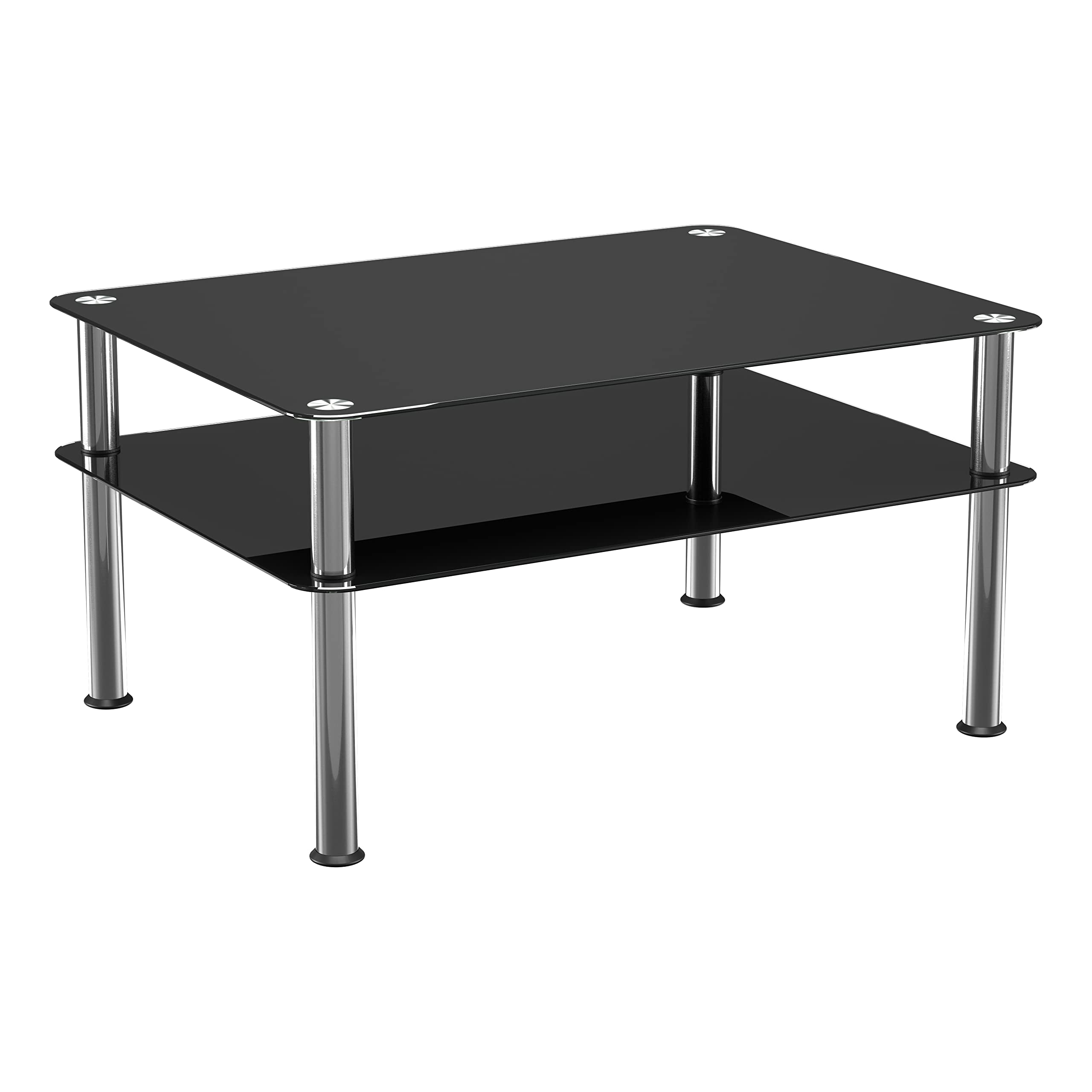 mahara Black Glass Coffee Table - Large side table with shelf and polished stainless steel legs - W80cm x D60cm x H41.5cm