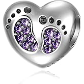 Bracelet Baby Footprints Charms - 925 Sterling Silver Pendant, Heart Birthstone plated Crystals - Mini Beads Fit Charm Bracelets, Necklaces, and European Snake Chains, Gift to New Mom/Child. (Purple)