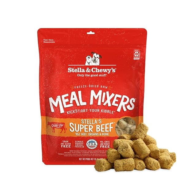 STELLA & CHEWY’S FREEZE-DRIED RAW BEEF MEAL MIXERS- DOG FOOD TOPPER AND MIXER – MADE WITH 95% GRASS-FED BEEF, ORGANS & BONE – PERFECT FOR PICKY EATERS – GRAIN-FREE – 35 OZ