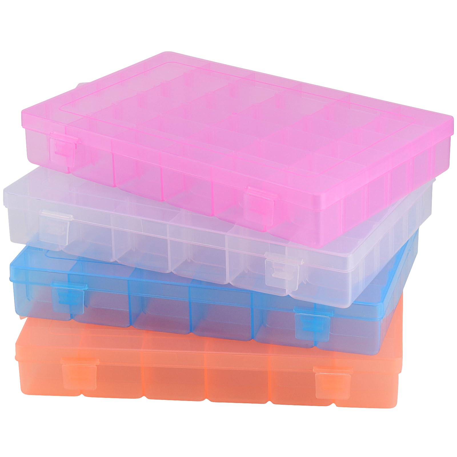 ZEONHEI 4 Pack 36 Grids Jewellery Organizer Bead Storage Box, 4 Colors Divider Box Plastic Earring Charms Storage Containers with Adjustable Compartments for Craft Sewing Diamond Art Screws