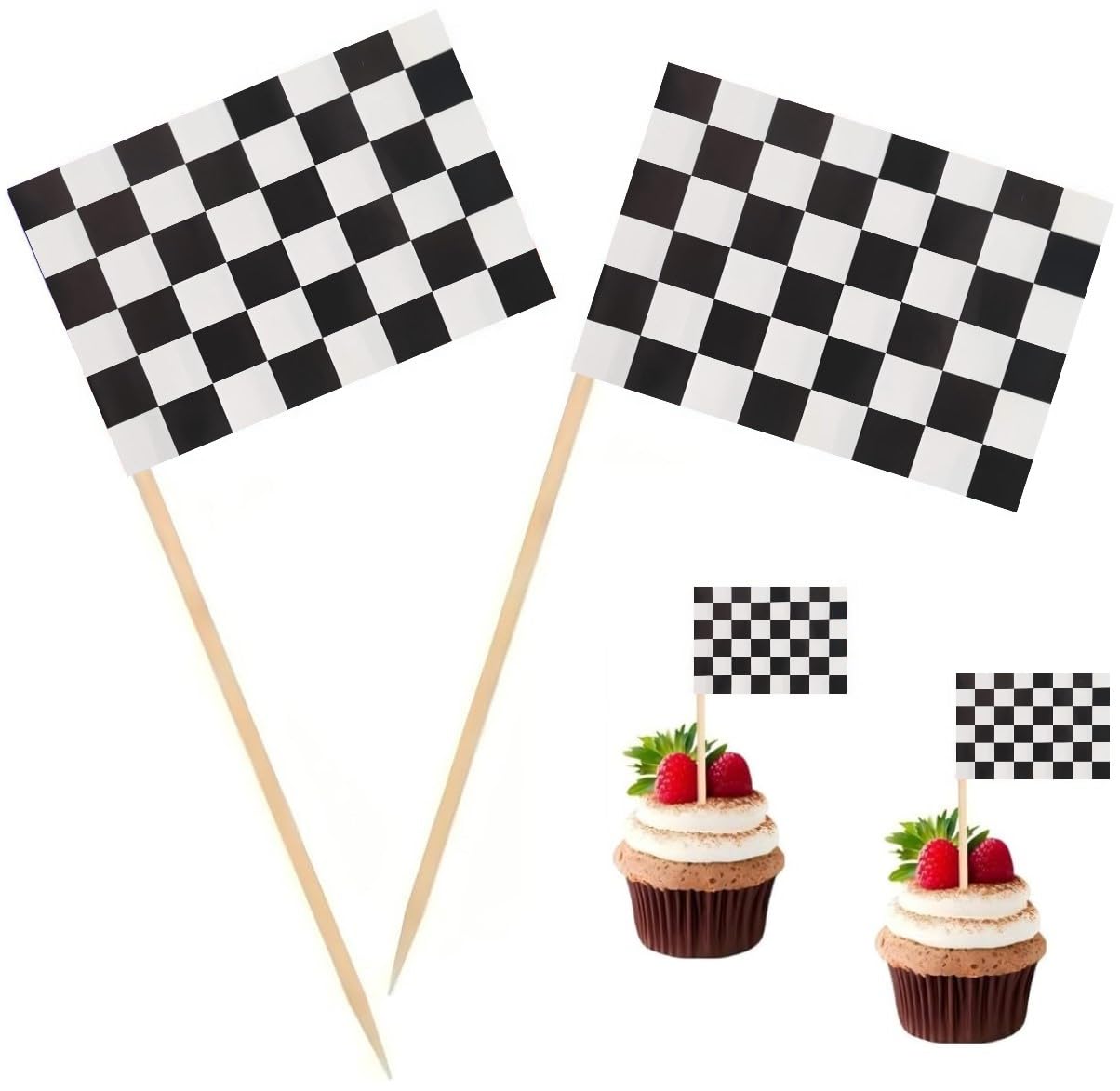 Photo 1 of 100 Pcs Checkered Black and White Racing Toothpick Flag Race Car Small Mini Cocktail Fruit Cupcakes Toppers Food Stick Flags Decorations