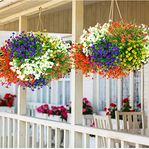 Artificial Fake Flowers,8 Bundles Outdoor Summer UV Resistant Greenery Shrubs Plants for Indoor Home Table Kitchen Hanging Planter Garden Wedding Decoration Independence Day Décor (Purple) - Thumbnail 7