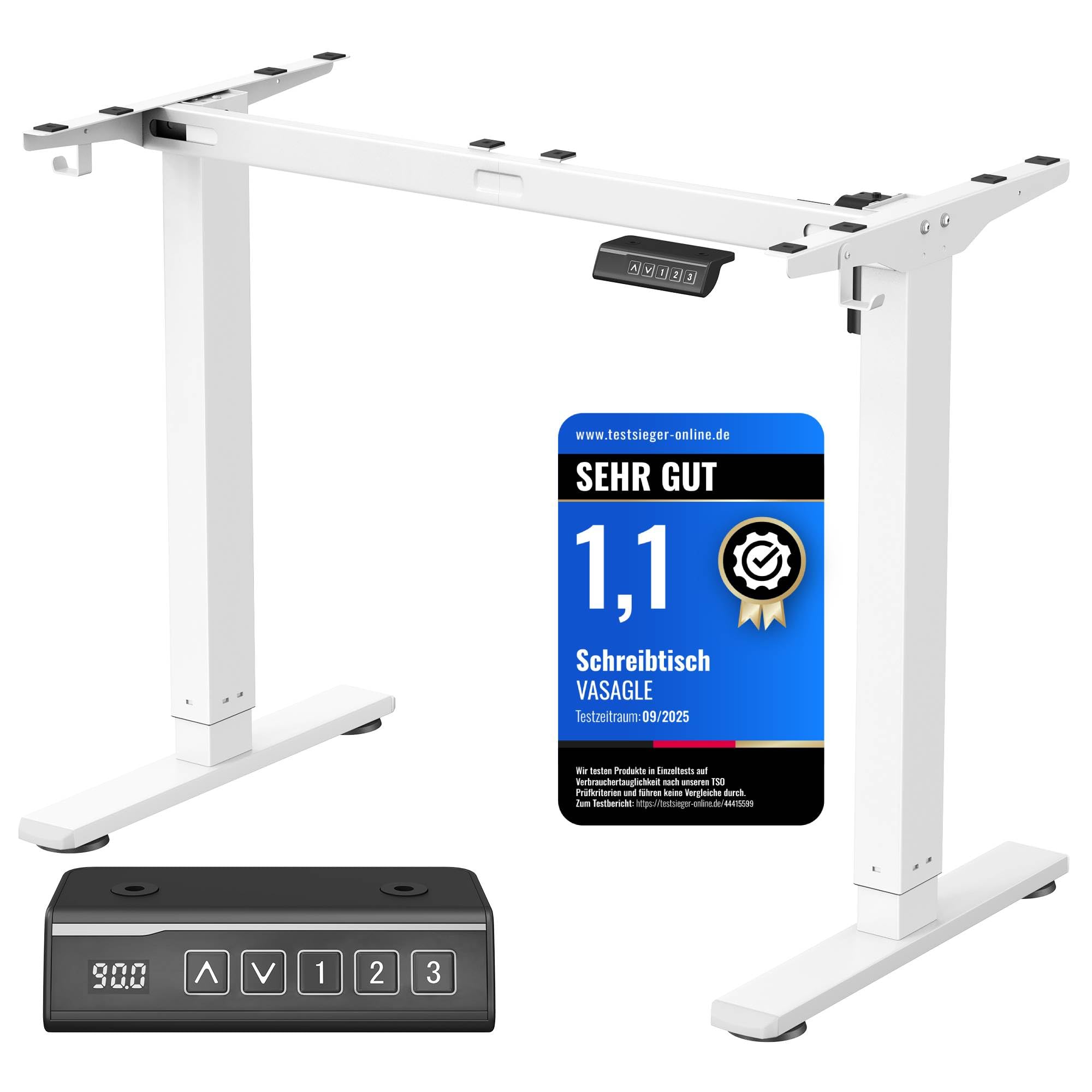 VASAGLE Höhenverstellbarer Schreibtisch elektrisch, Tischgestell, Schreibtischständer, ohne Tischplatte, mit 2 Haken, Memory-Funktion mit 3 Höhen, Stahl, mattweiß LSD021W01V2