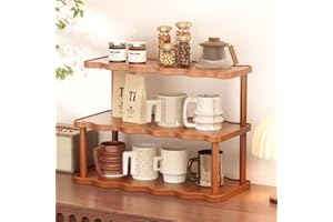 Hbluefat 3-Tier Solid Wooden Desktop Storage Shelf, Countertop Organiser Bookshelf, Tabletop Display Rack for Mugs and Spices