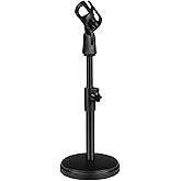 Suporte Pedestal de Mesa para Microfone com Altura Ajustável 26-34cm, Rotação 180°, Base Redonda Pesada, Metal e ABS, Preto.