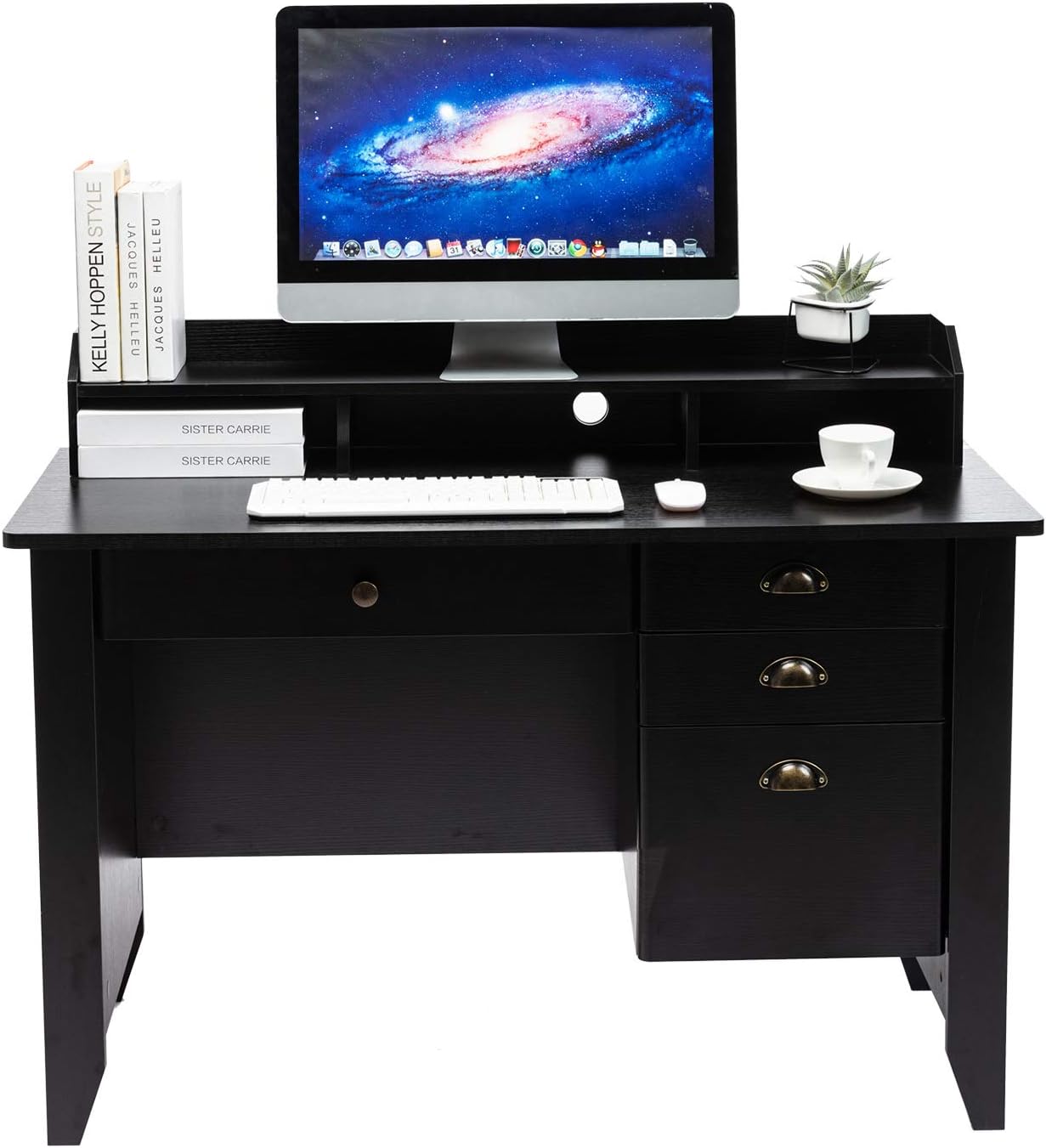 AUXSOUL Computer Desk with 4 Drawers and Hutch Shelf - Classical Home Office Desk - Spacious Student Writing Desk - Vintage Style Study Table, Workbench(Black)