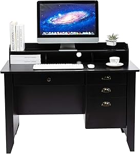 AUXSOUL Computer Desk with 4 Drawers and Hutch Shelf - Classical Home Office Desk - Spacious Student Writing Desk - Vintage Style Study Table, Workbench(Black)