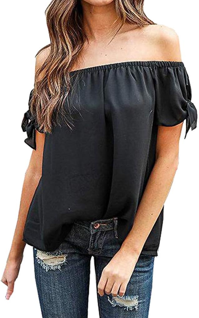 Ximandi Women's Summer Solid Bow Short Sleeve Off Cold Shoulder Loose Tops Casual Shirt