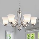 BERHZIMD 6 Lights Brushed Nickel Dining Room Light Fixture Farmhouse Modern Chandelier Pendant Light Silver Adjustable Ceiling Hanging Lighting with Frosted Glass for Kitchen Island Living Room Foyer