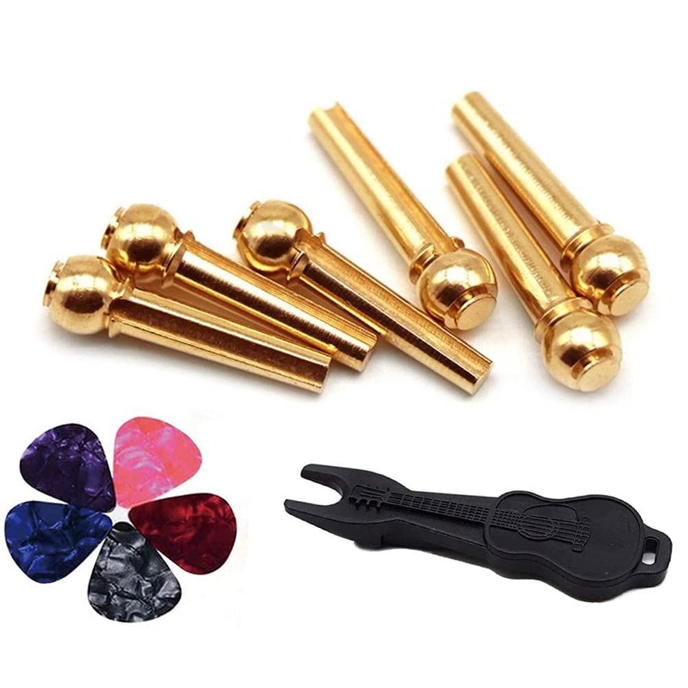 Alnicov 6 Pieces Brass Guitar Bridge Pins Endpin with Bridge Pin Puller Remover & 5 Guitar Picks for 6 Strings Acoustic Guitar