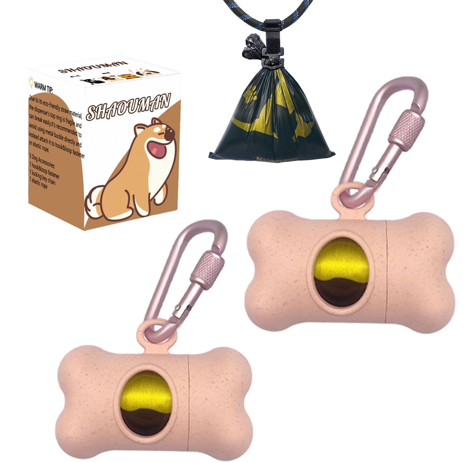 SHAOUMAN Bone Shaped Garbage Bag Dispenser Dog Poop Bags Holder Dog Waste Bags Dispenser with for Leash On The Go for Walking Dogs Outdoor(2 Holders 30 Bags，Light Pink)