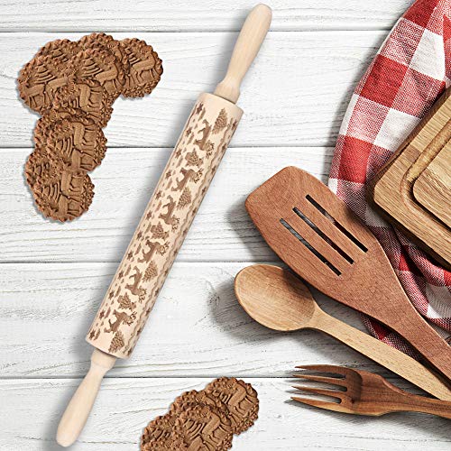 image for Aodis Christmas Wooden Rolling Pins, Engraved Embossing Rolling Pin wi