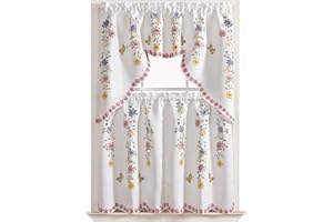GOHD GOLDEN OCEAN HOME DECOR GOHD 3pcs Farmhouse Kitchen Cafe Curtain Set Air Brushed by Hand of Flowers and Butterfly Design on Thick Satin Fabric (Daisy Swing)