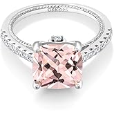 Gem Stone King 4.59 Cttw Peach Simulated Morganite and White Created Sapphire Engagement Ring For Women | 925 Sterling Silver | Cushion Cut 10MM | Wedding Anniversary Promise Ring For Women