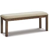 Signature Design by Ashley Moriville Wood Upholstered Dining Bench, Beige | Cushioned 48-inch dining seat in textured beige polyester, Rustic distressed nutmeg wood frame with bronze nailhead trim
