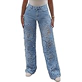 CHICME Women's High Waist Jeans Lace Spliced Stretchy Zipper Wide Leg Pants with Pockets Hollow-Out Baggy Jeans