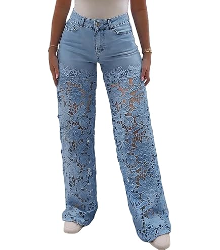 xxxiticat Women's Lace Denim Pants High Waisted Hollow Out