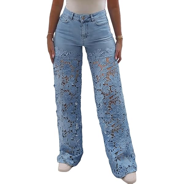 xxxiticat Women's Lace Denim Pants High Waisted Hollow Out