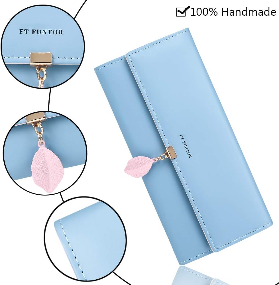 FT FUNTOR PU Leather Wallet for Women RFID Blocking Ladies Leaf Pendant Coin Zipper Long Purse with Multiple Card Slots and Card Holders Phone Pocket (Blue) - Image 5