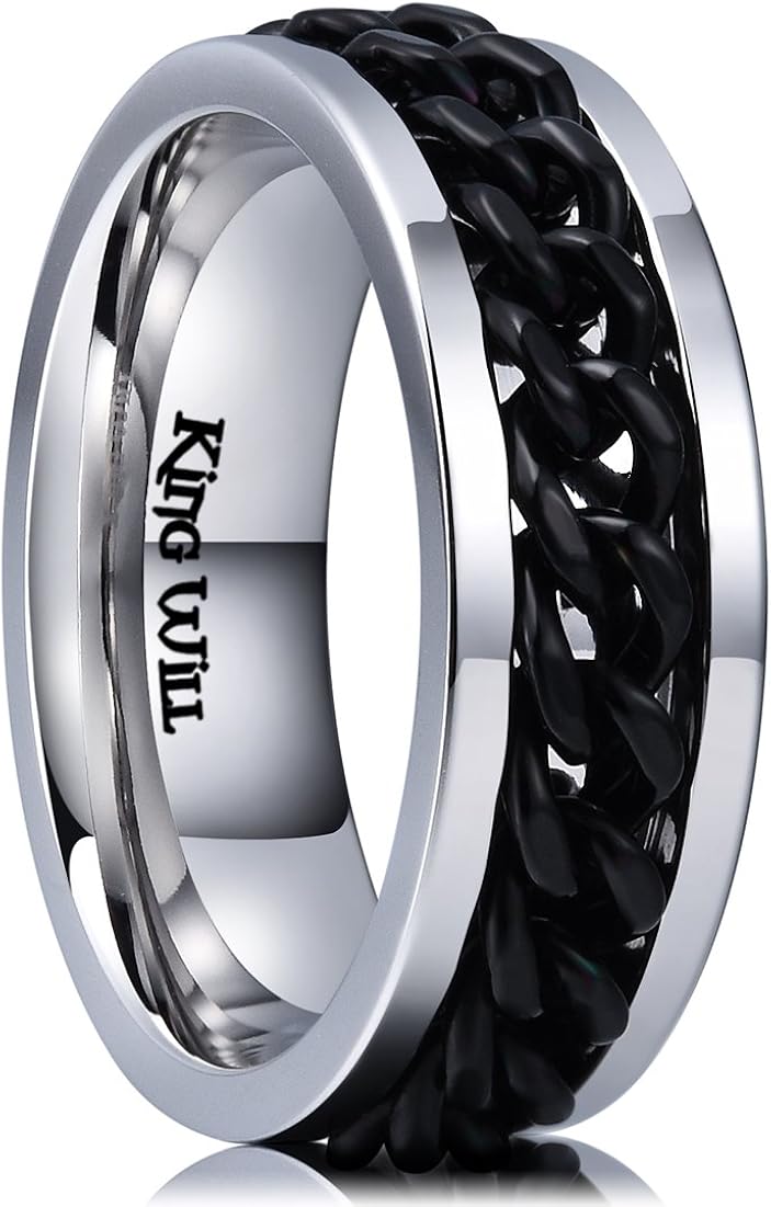 King Will 8mm Spinner Ring Stainless Steel Fidget Ring Anxiety Ring for Men Black/Blue/Silver