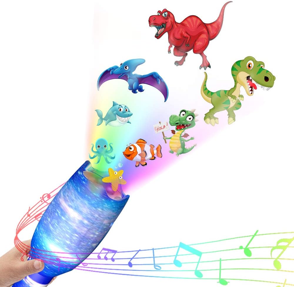 XBUTY Dinosaur Lights Projector Toy Kids LED Projector Flashlight with Music Dinosaur Starry Ocean Light Show and Educational Toy for Kids (BLUE)