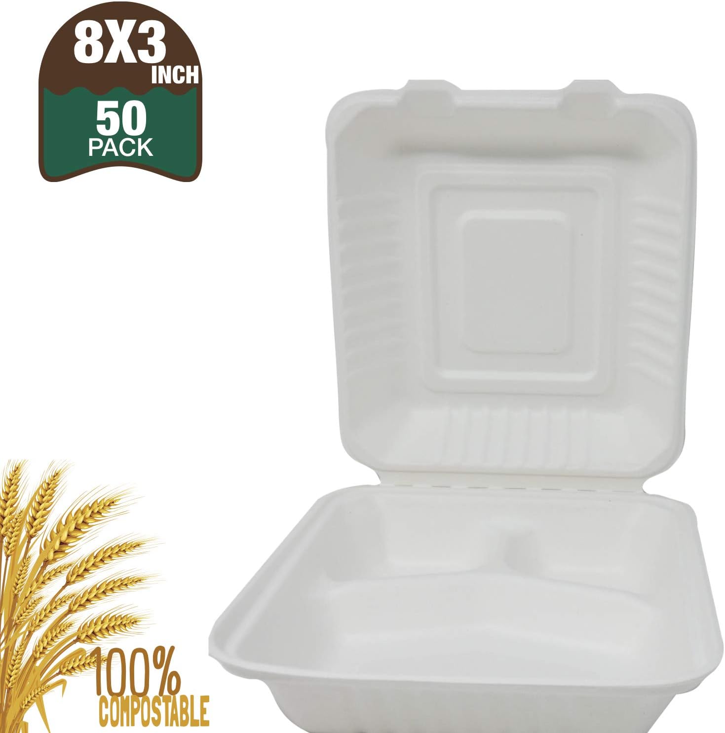 Biomundi 100% Compostable Clamshell Take Out Food Containers 8" 3-compartment [50-pack] Heavy-duty Quality To Go Containers, Natural Disposable Bagasse, Eco-friendly Biodegradable Made Of Sugar Cane