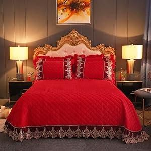 3-Piece Oversized Bedding, Quilted Bedspread Coverlet Set Solid Color Lace Sides Soft Hypoallergenic Fade Stain Resistant-red 250x270cm+2pillowcase
