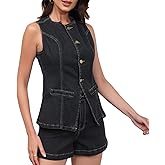ECHOINE Womens Denim 2 Piece Set Sleeveless Blazer Vest Tops and Jeans Shorts Outfit Business Casual Suits Set