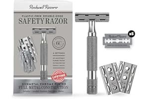 ROCKWELL RAZORS 6C Gunmetal Chrome Safety Razor With 6 Adjustable Shave Settings and 5 Fully Recyclable Razor Blades. Reusable Safety Razors for Men and Women.